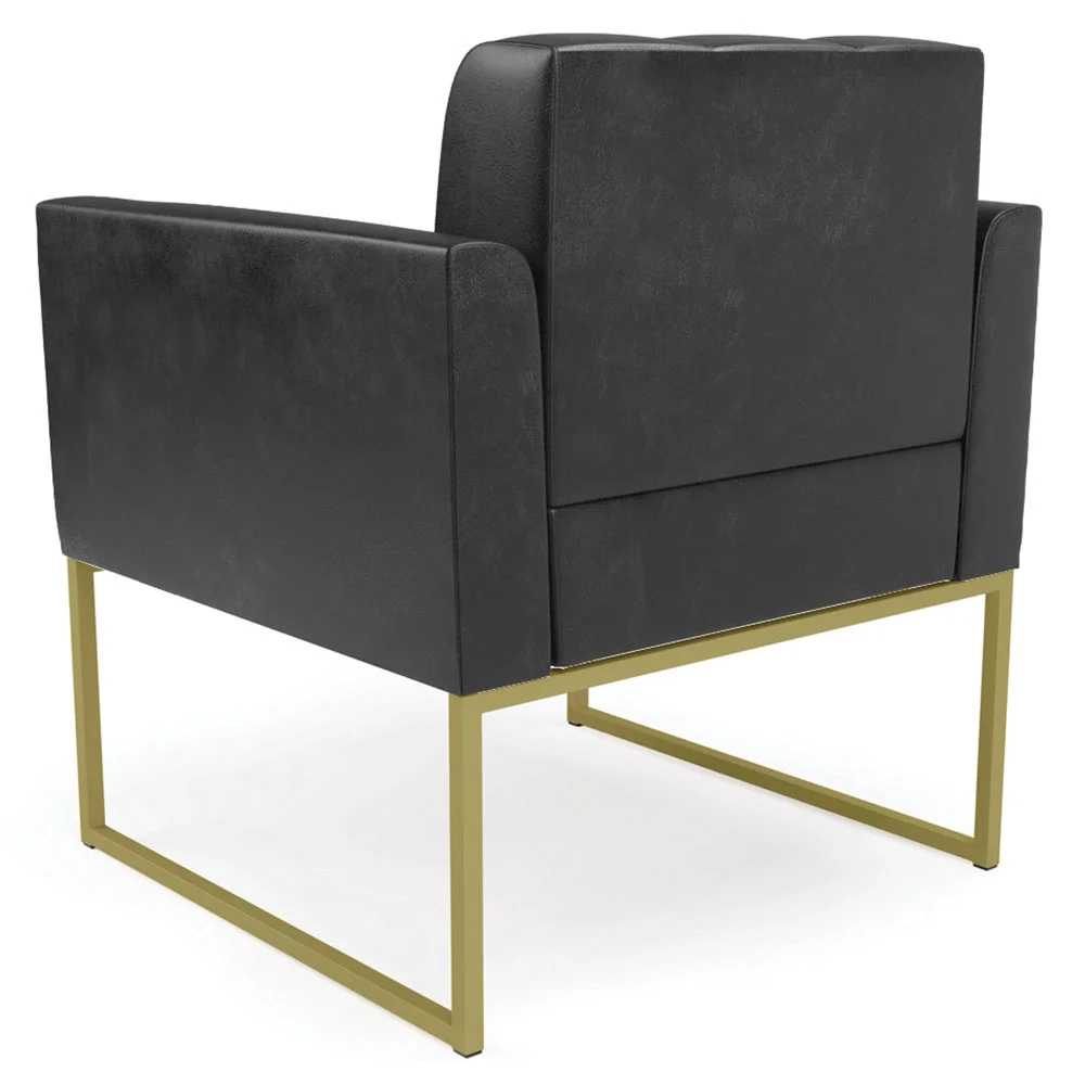 Poltrona Decorativa Base Industrial Dourado Ana Sintético PU Preto- Ibiza