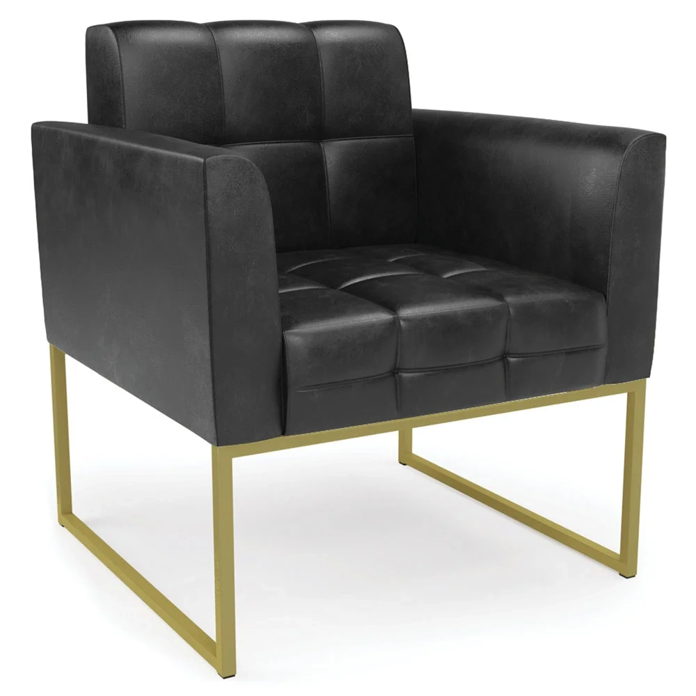 Poltrona Base Industrial Dourado Kit 2 Ana Sintético PU Preto - Ibiza