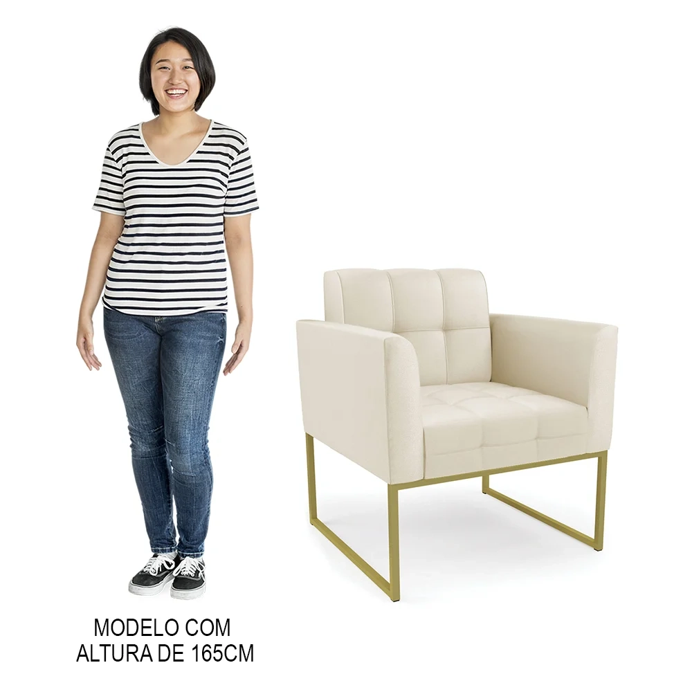 Poltrona Decorativa Base Industrial Dourado Ana Sintético Bege - Ibiza