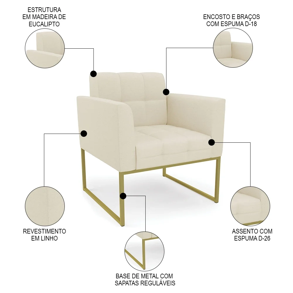 Poltrona Decorativa Base Industrial Dourado Ana Linho Bege - Ibiza