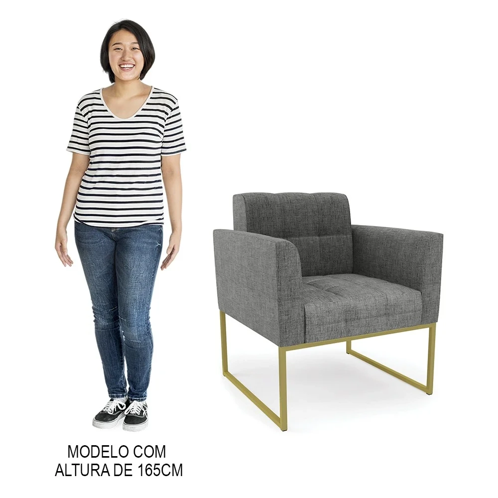 Poltrona Decorativa Base Industrial Dourado Ana Linho Grafite - Ibiza