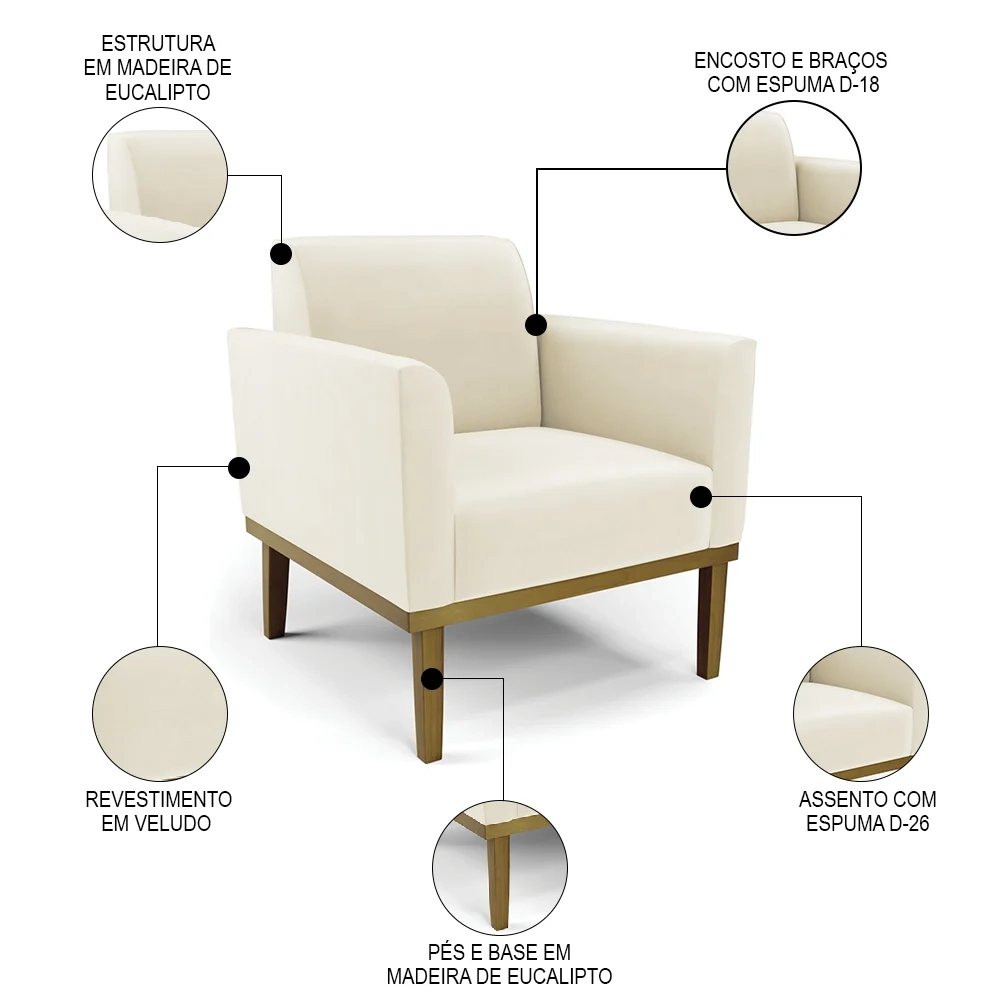 Poltrona Decorativa Base Madeira Castanho Maressa Veludo Bege - Ibiza
