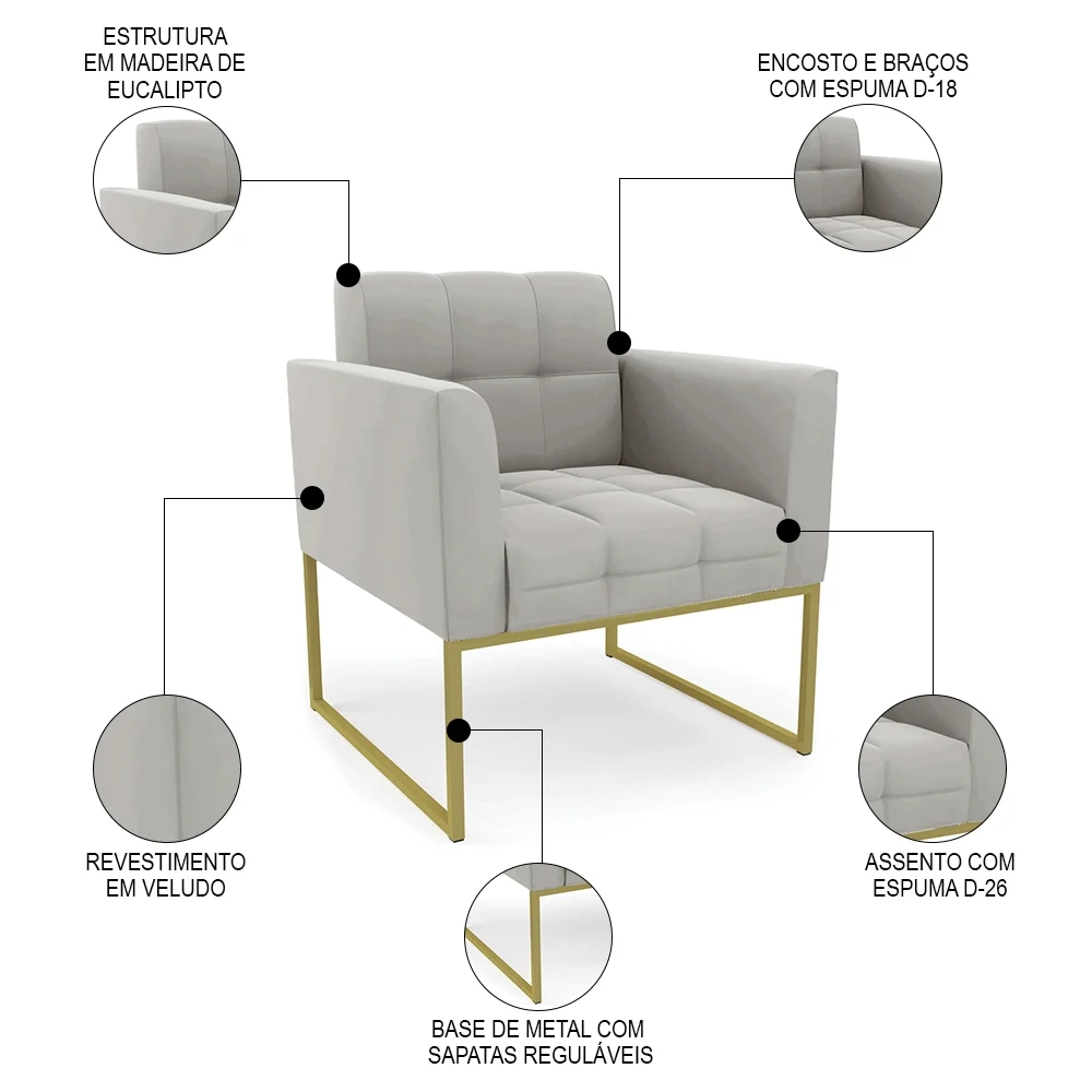 Poltrona Base Industrial Dourado Kit 2 Ana Veludo Cinza - Ibiza