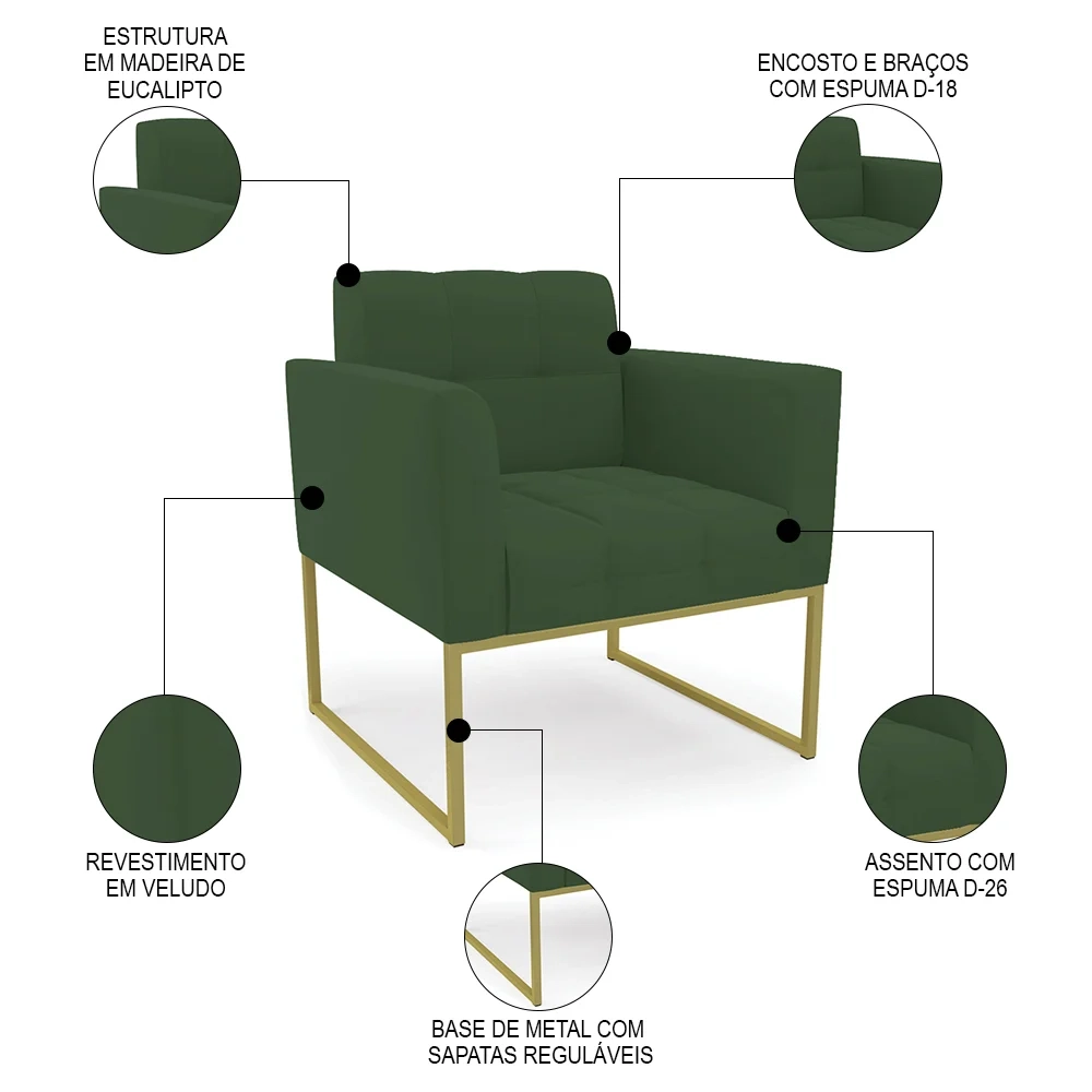 Poltrona Base Industrial Dourado Kit 2 Ana Veludo Verde - Ibiza