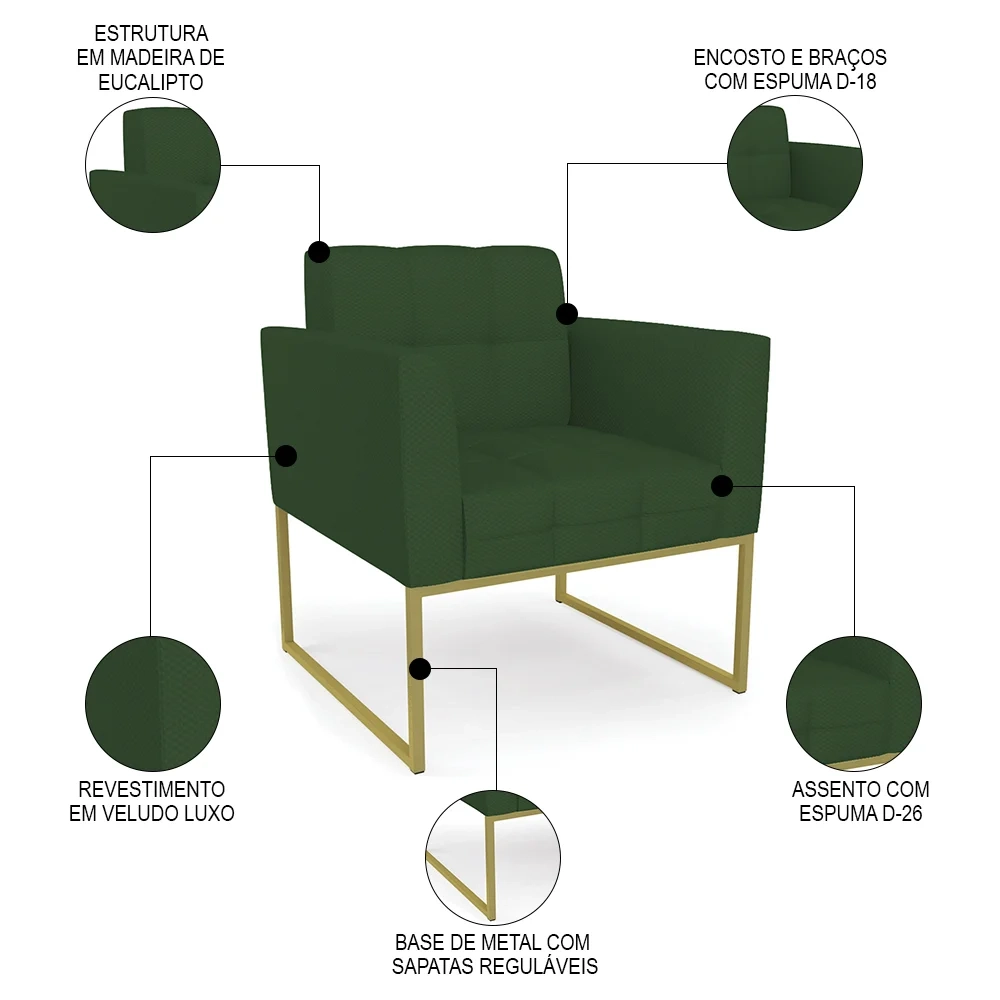 Poltrona Decorativa Base Industrial Dourado Ana Veludo Luxo Verde - Ibiza