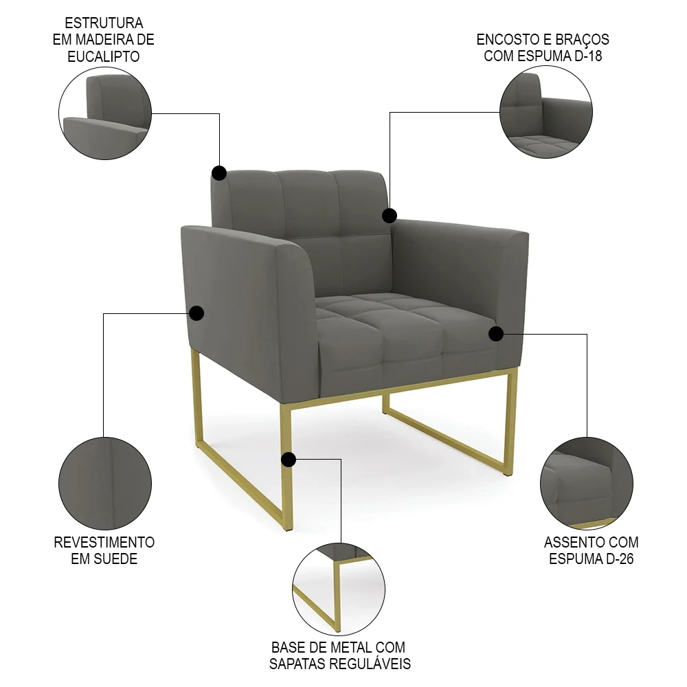 Poltrona Decorativa Base Industrial Dourado Ana Suede Grafite - Ibiza