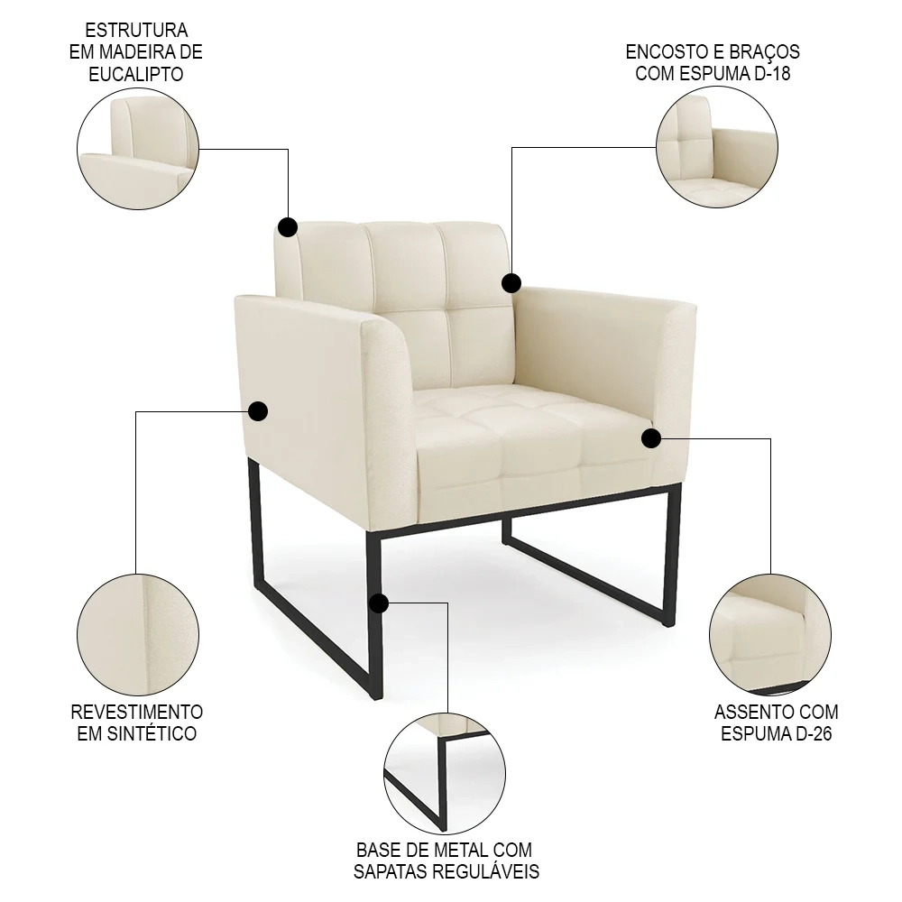 Poltrona Base Industrial Preto Kit 2 Ana Sintético Bege - Ibiza