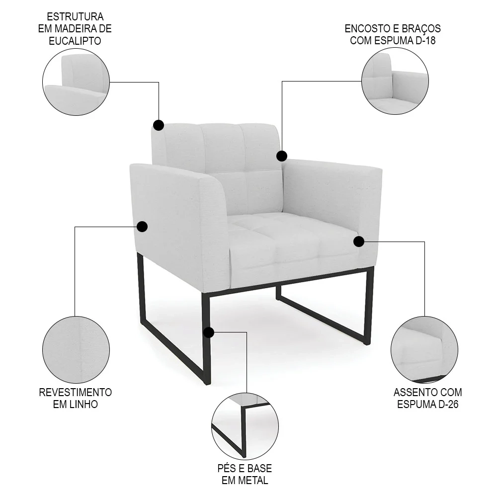 Poltrona Decorativa Base Industrial Preto Ana Linho Cinza - Ibiza