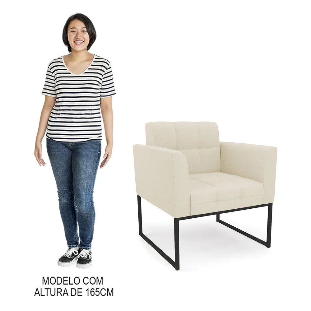 Poltrona Decorativa Base Industrial Preto Ana Linho Bege - Ibiza