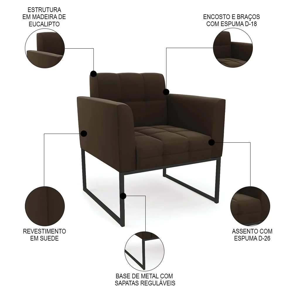 Poltrona Decorativa Base Industrial Preto Ana Suede Marrom - Ibiza