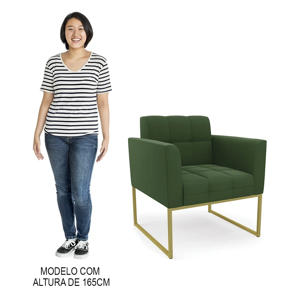 Poltrona Decorativa Base Industrial Dourado Ana Suede Verde - Ibiza