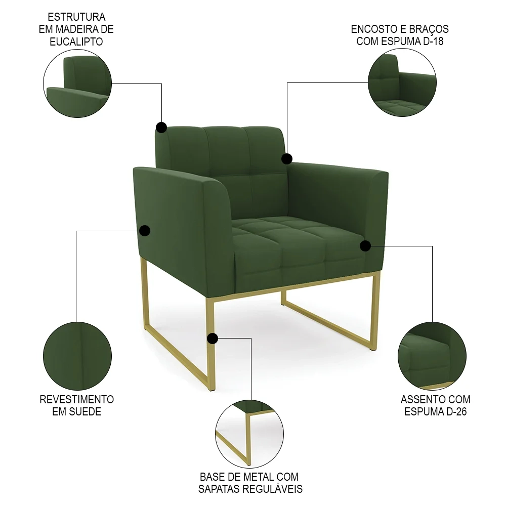 Poltrona Decorativa Base Industrial Dourado Ana Suede Verde - Ibiza