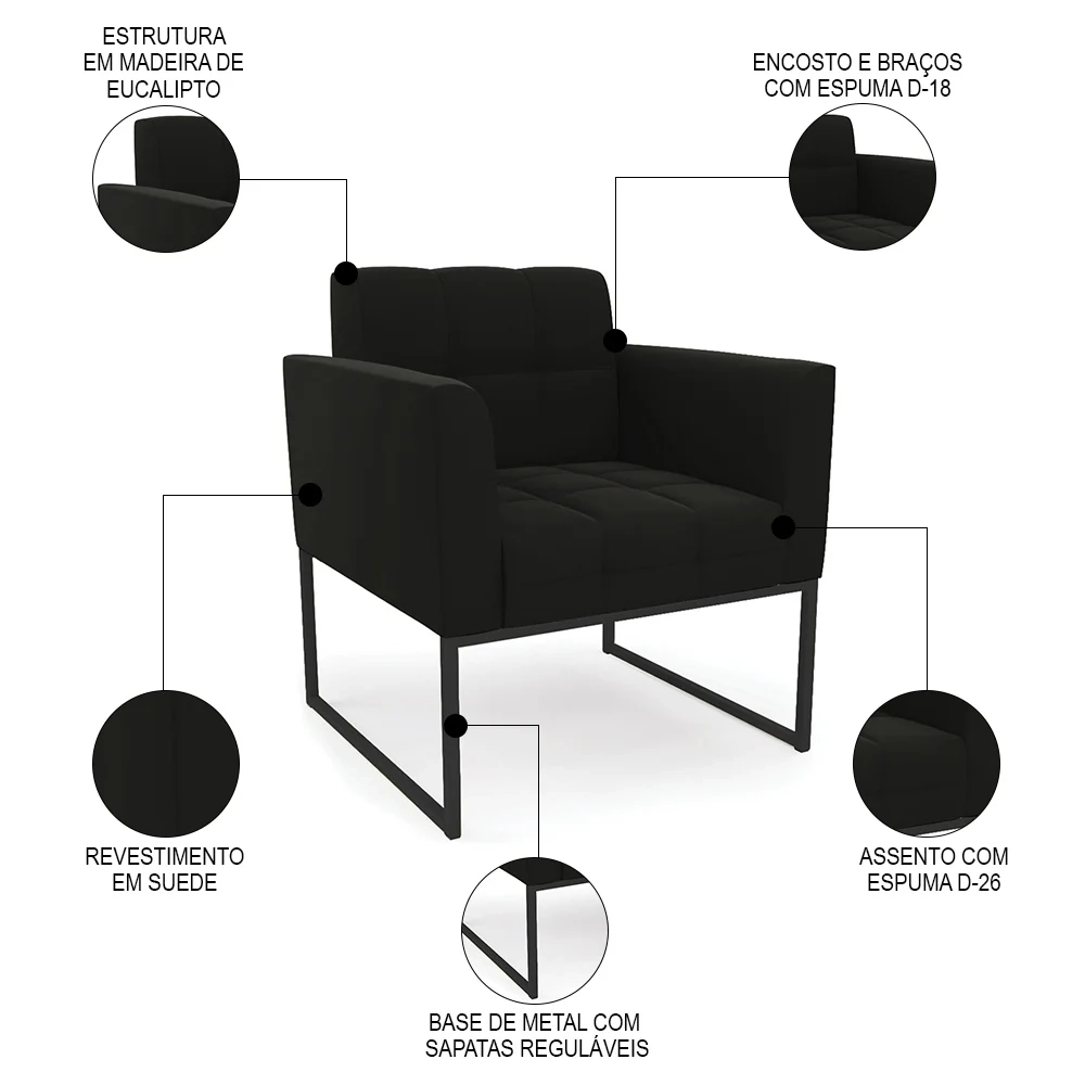 Poltrona Decorativa Base Industrial Preto Ana Suede Preto - Ibiza