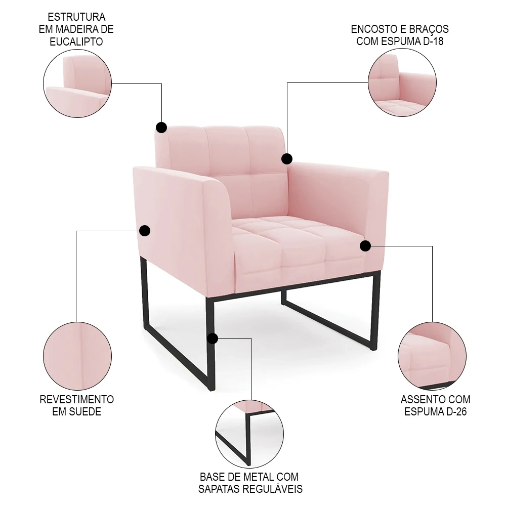 Poltrona Decorativa Base Industrial Preto Ana Suede Rosa Bebê - Ibiza
