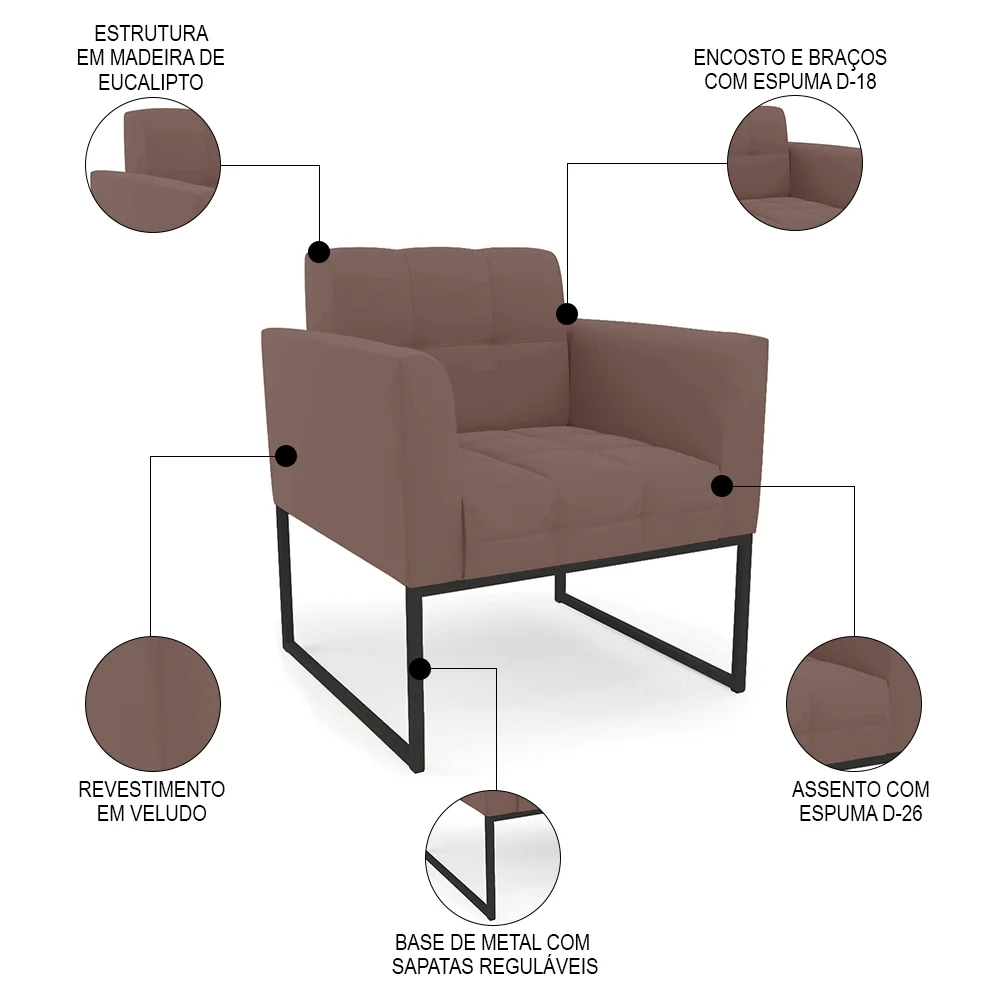 Poltrona Decorativa Base Industrial Preto Ana Veludo Rosê - Ibiza