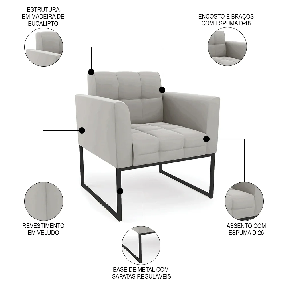 Poltrona Base Industrial Preto Kit 2 Ana Veludo Cinza - Ibiza