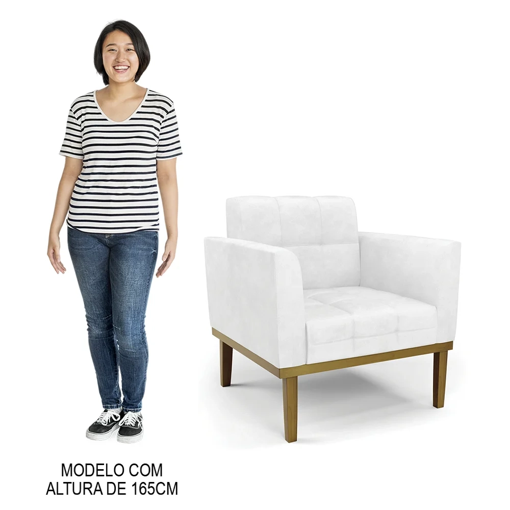 Poltrona Decorativa Base Madeira Castanho Ana Sintético PU Branco - Ibiza