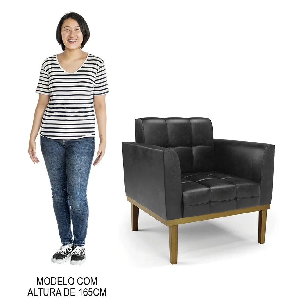 Poltrona Decorativa Base Madeira Castanho Ana Sintético PU Preto- Ibiza