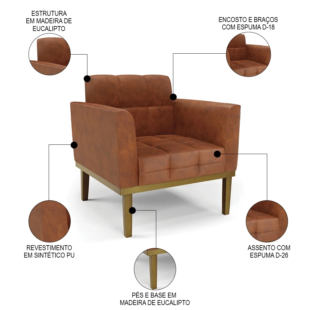 Poltrona Decorativa Base Madeira Castanho Ana Sintético PU Nozes - Ibiza