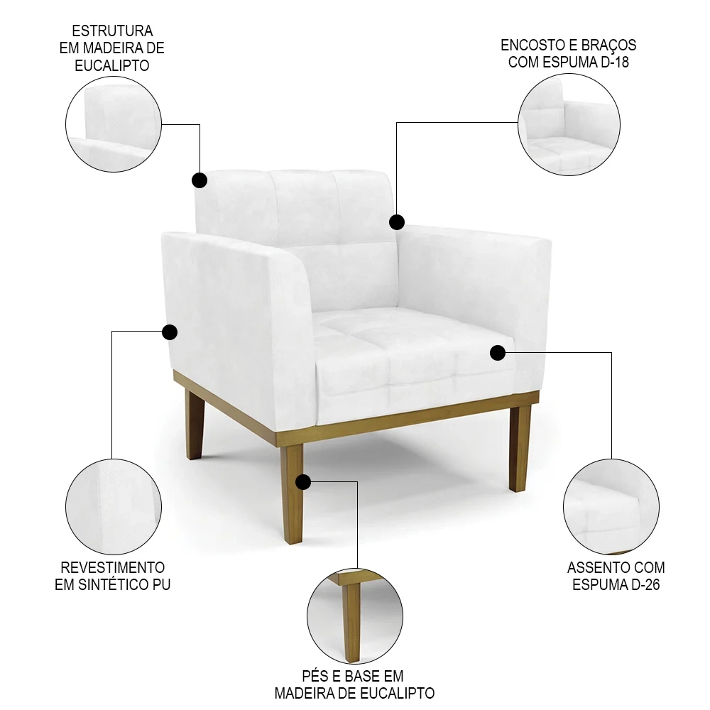 Poltrona Base Madeira Castanho Kit 2 Ana Sintético PU Branco - Ibiza