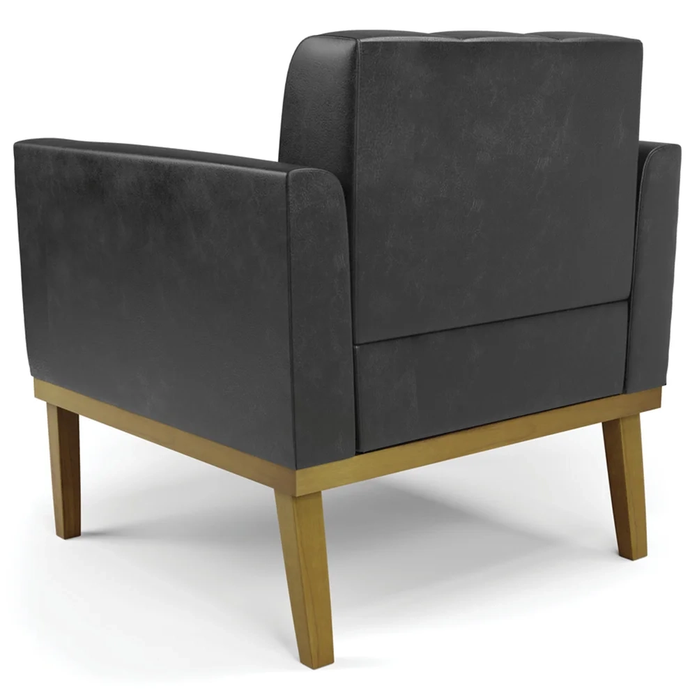 Poltrona Base Madeira Castanho Kit 2 Ana Sintético PU Preto - Ibiza