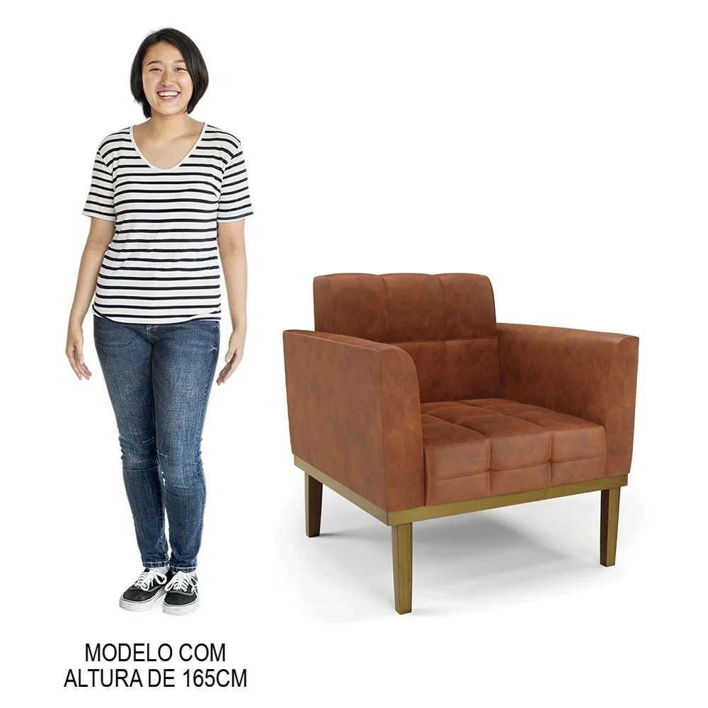 Poltrona Base Madeira Castanho Kit 2 Ana Sintético PU Nozes - Ibiza