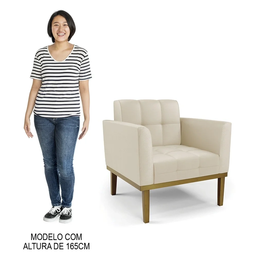 Poltrona Decorativa Base Madeira Castanho Ana Sintético Bege - Ibiza