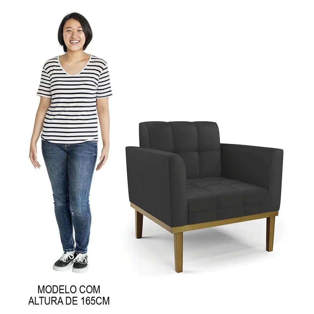 Poltrona Decorativa Base Madeira Castanho Ana Sintético Preto - Ibiza