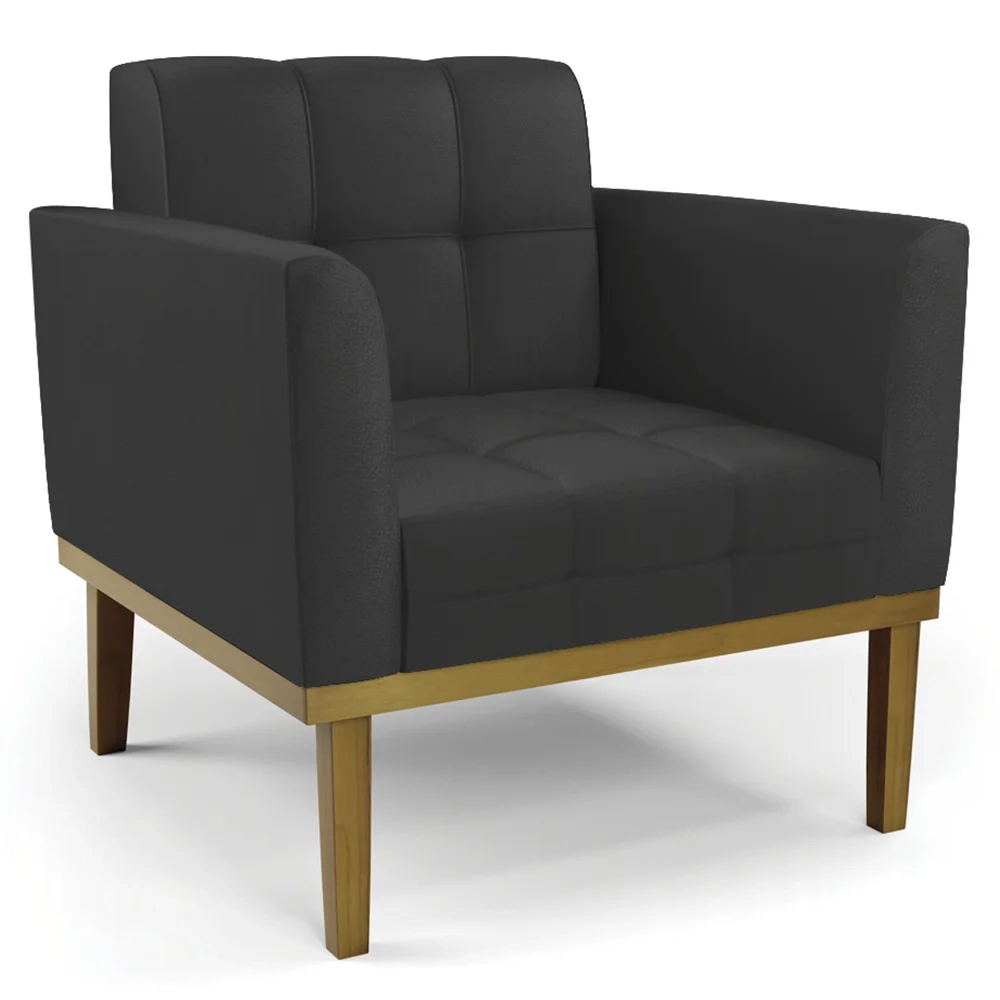 Poltrona Base Madeira Castanho Kit 2 Ana Sintético Preto - Ibiza