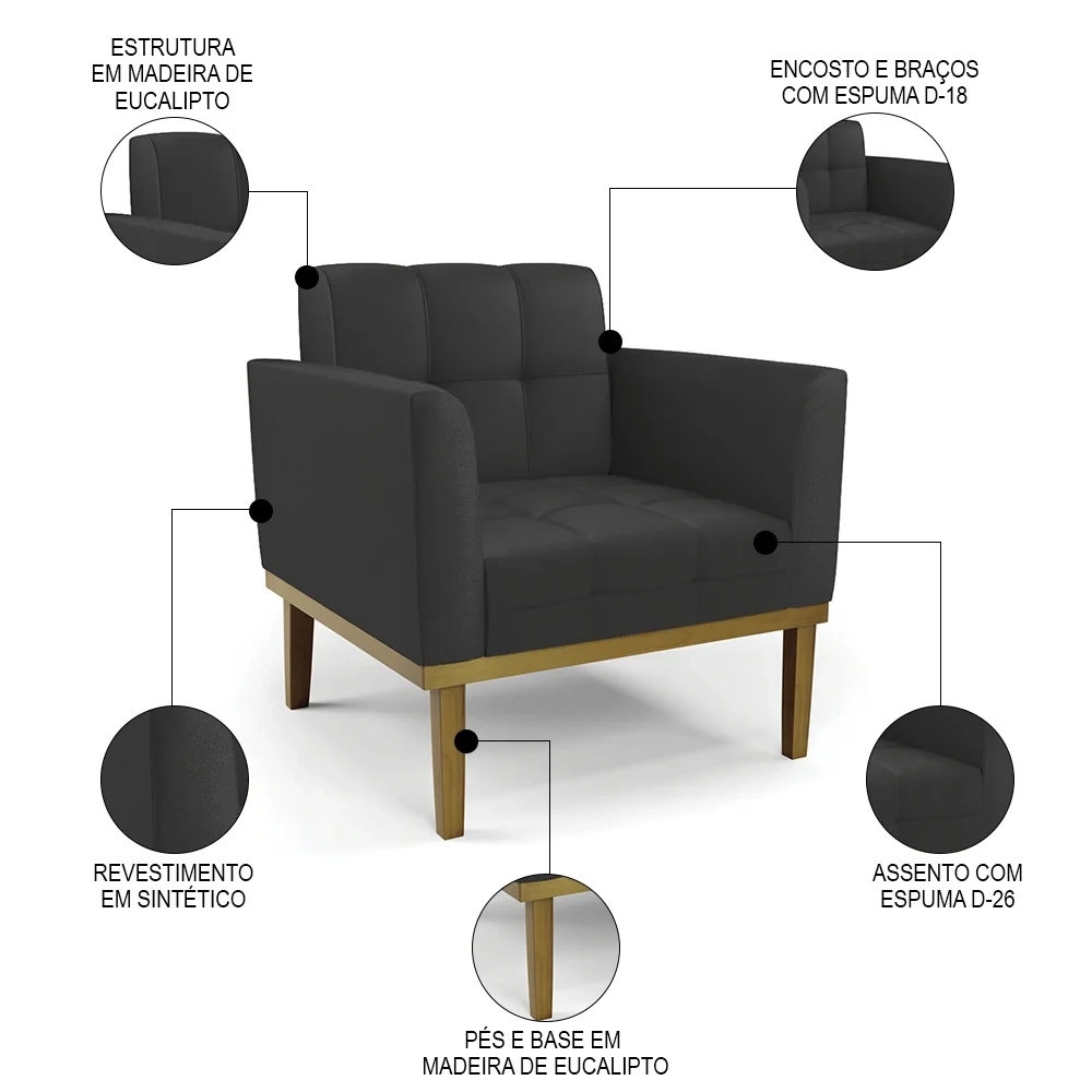 Poltrona Base Madeira Castanho Kit 2 Ana Sintético Preto - Ibiza