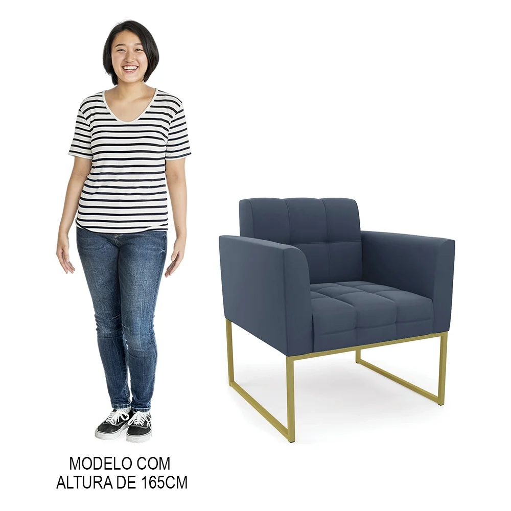 Poltrona Base Industrial Dourado Kit 2 Ana Suede Azul Marinho - Ibiza