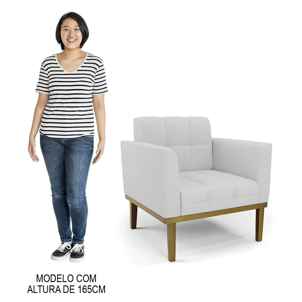 Poltrona Decorativa Base Madeira Castanho Ana Linho Cinza - Ibiza