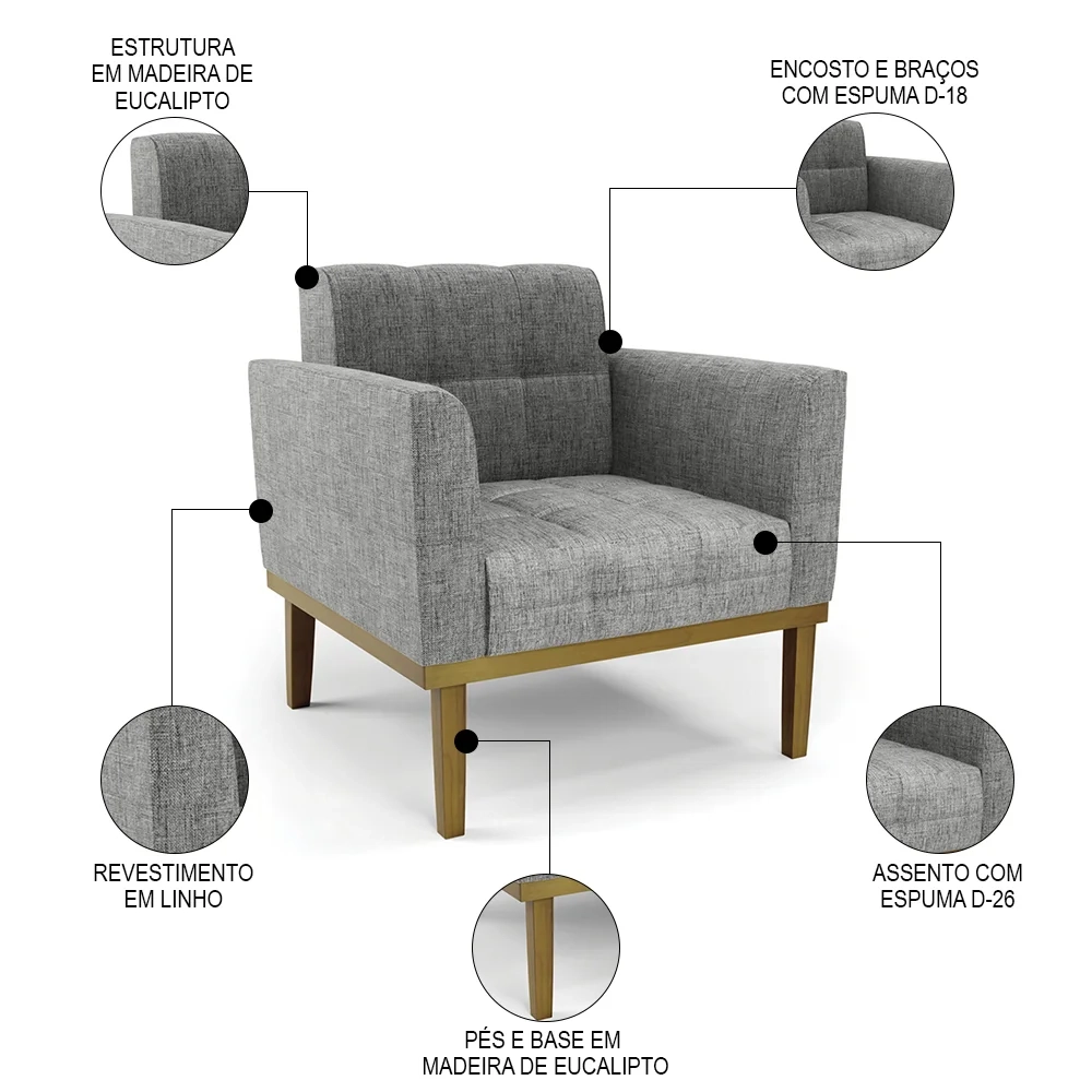 Poltrona Decorativa Base Madeira Castanho Ana Linho Grafite - Ibiza