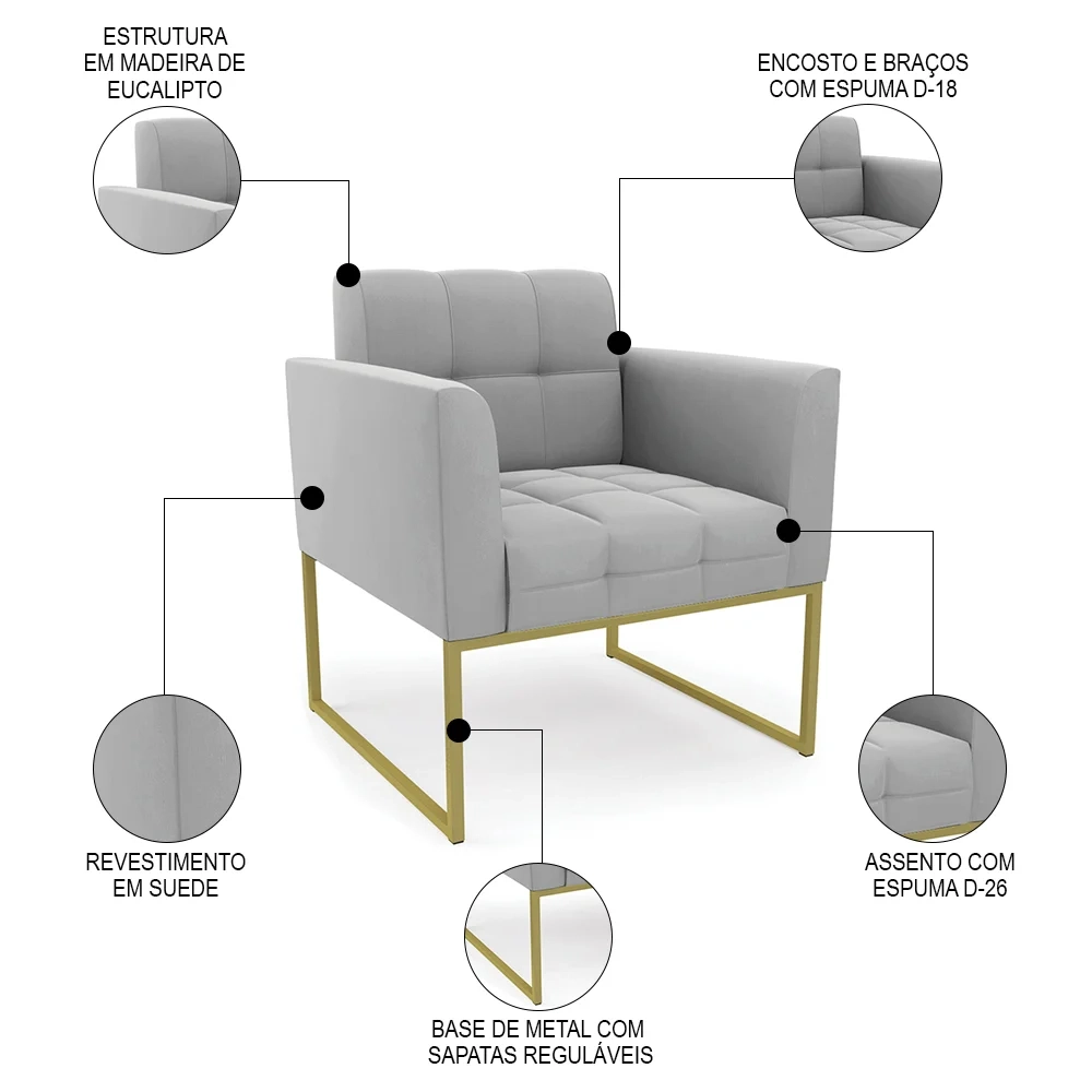 Poltrona Base Industrial Dourado Kit 2 Ana Suede Cinza - Ibiza