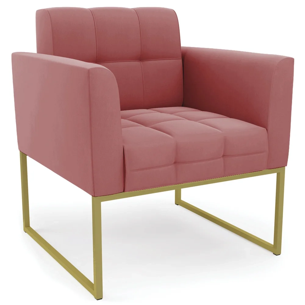 Poltrona Base Industrial Dourado Kit 2 Ana Suede Rosê - Ibiza