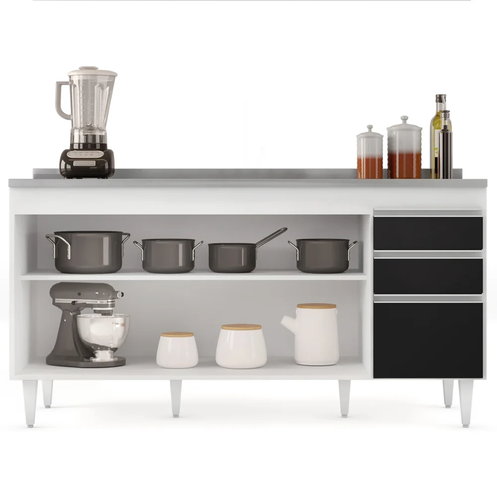 Balcão Gabinete com Pia Inox 160cm Arkansas Branco/Preto – Lumil