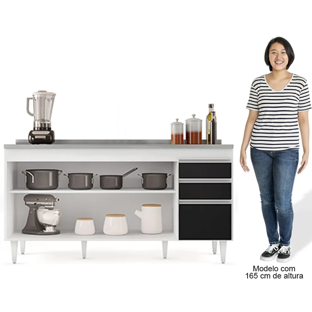 Balcão Gabinete com Pia Inox 160cm Arkansas Branco/Preto – Lumil