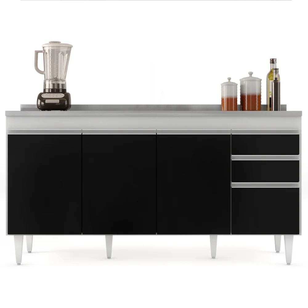 Balcão Gabinete com Pia Inox 160cm Arkansas Branco/Preto – Lumil