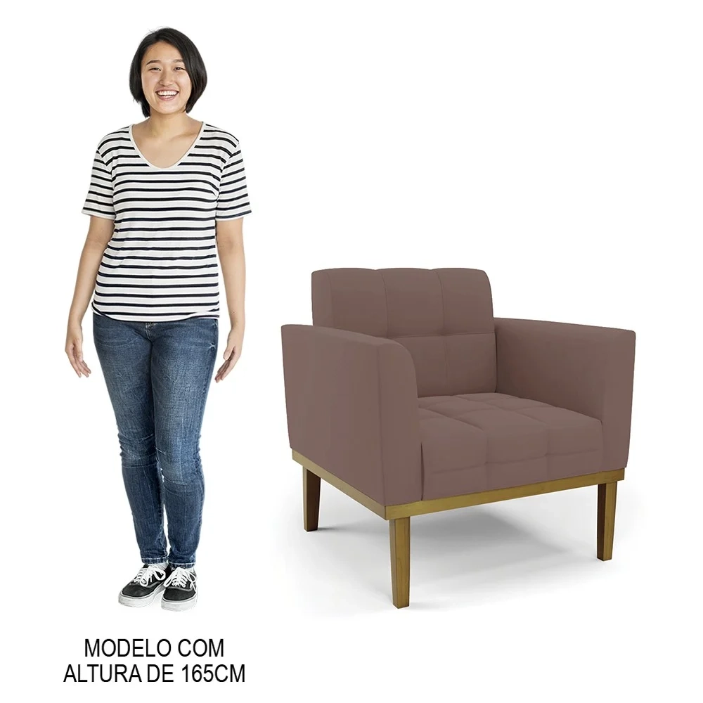 Poltrona Decorativa Base Madeira Castanho Ana Veludo Rosê - Ibiza