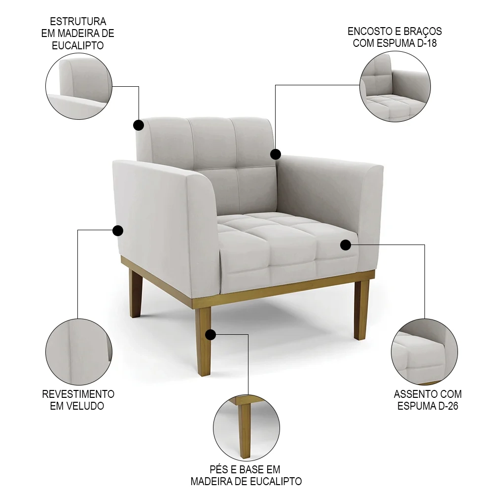 Poltrona Base Madeira Castanho Kit 2 Ana Veludo Cinza - Ibiza