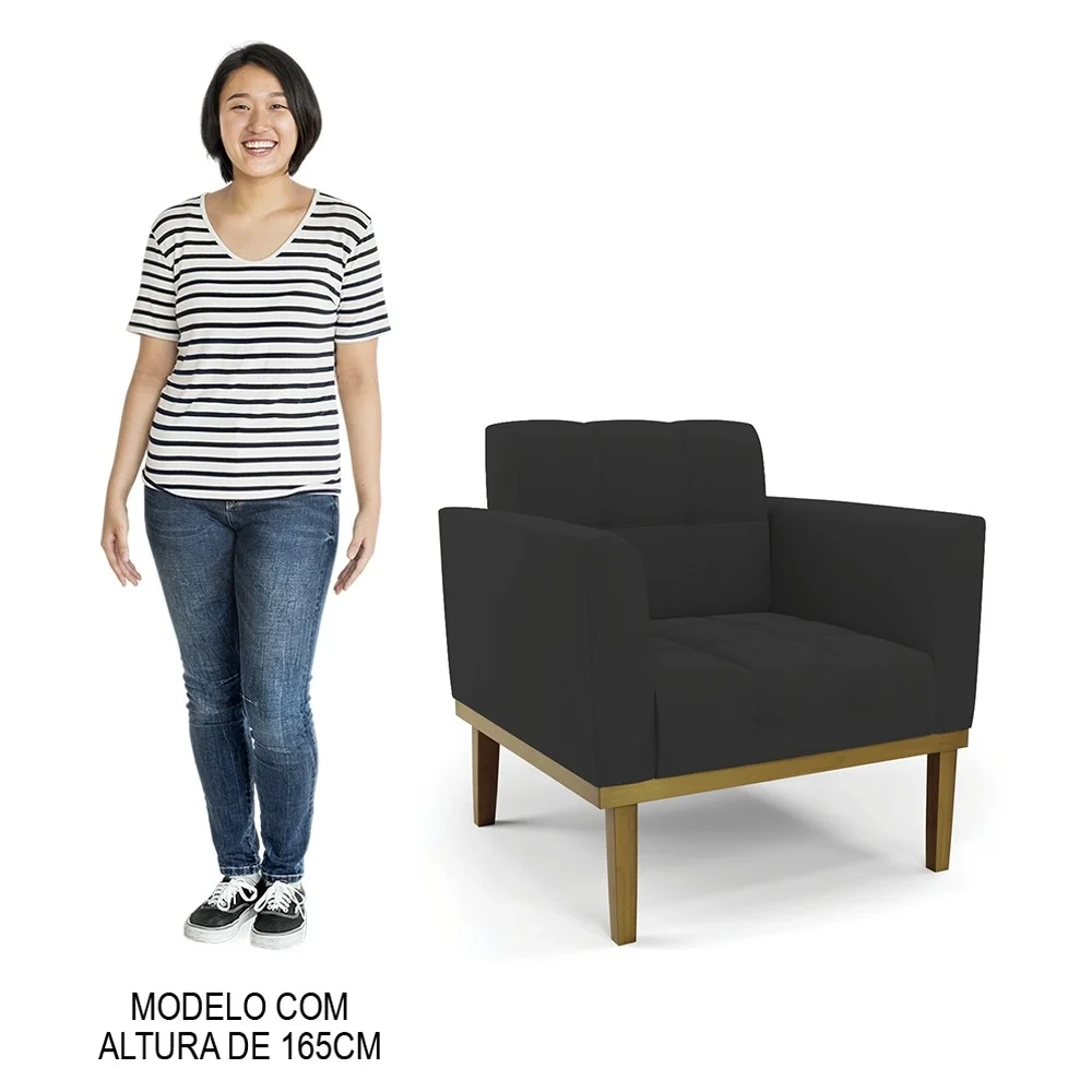 Poltrona Base Madeira Castanho Kit 2 Ana Veludo Preto - Ibiza