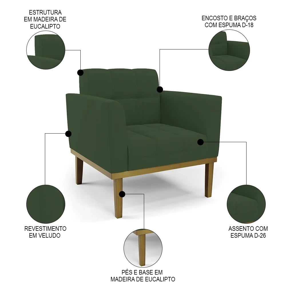 Poltrona Base Madeira Castanho Kit 2 Ana Veludo Verde - Ibiza