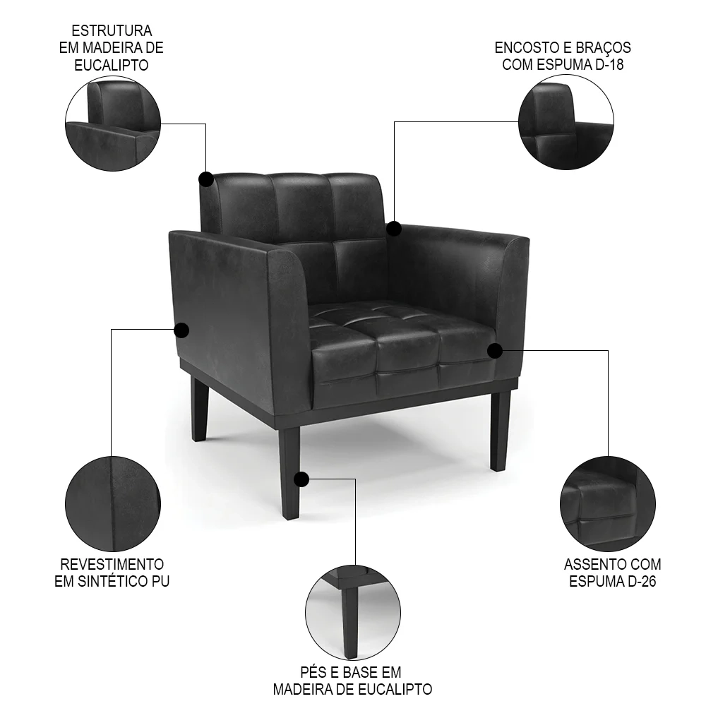 Poltrona Decorativa Base Madeira Preto Ana Sintético PU Preto- Ibiza