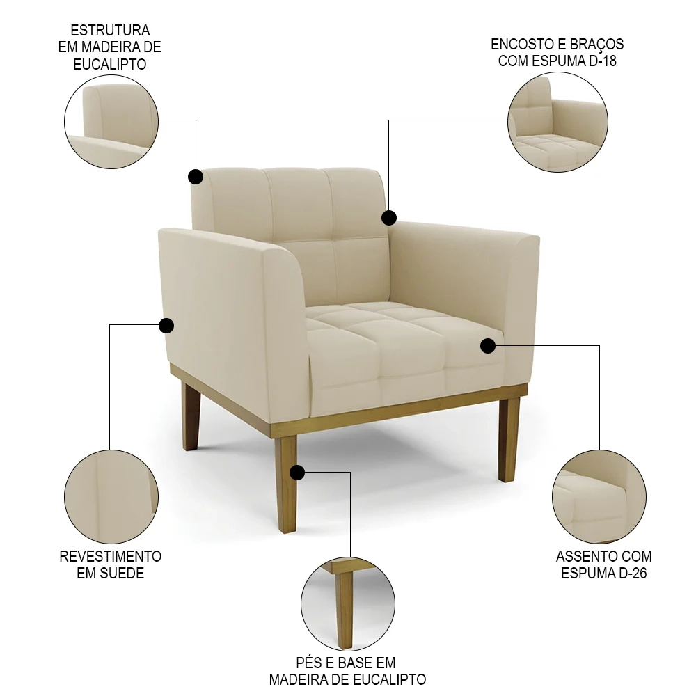 Poltrona Decorativa Base Madeira Castanho Ana Suede Bege - Ibiza