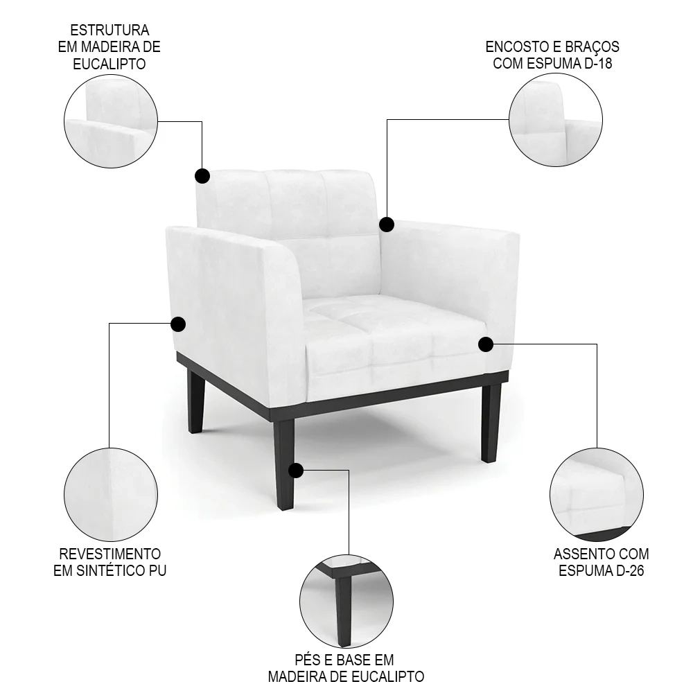 Poltrona Base Madeira Preto Kit 2 Ana Sintético PU Branco - Ibiza