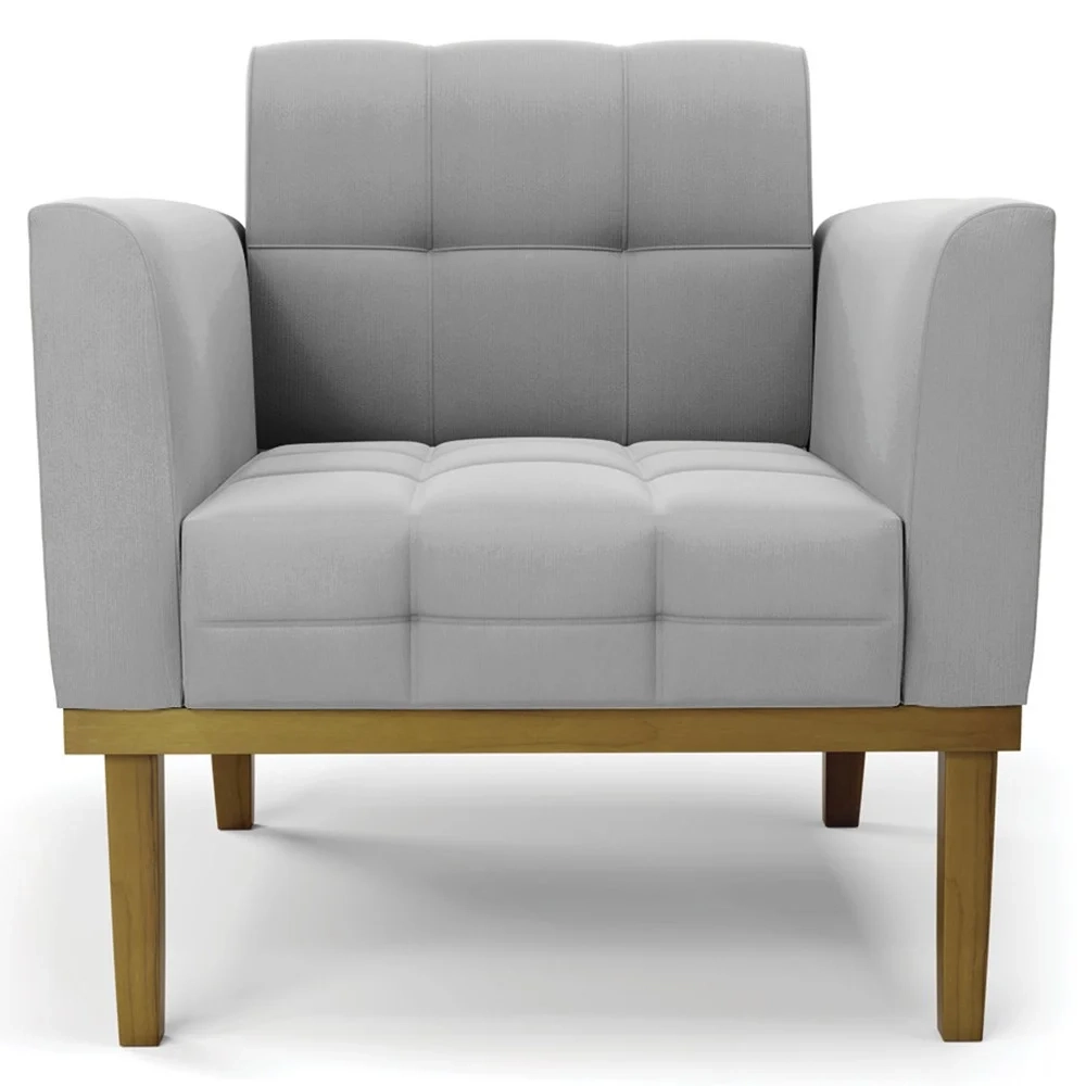 Poltrona Decorativa Base Madeira Castanho Ana Suede Cinza - Ibiza