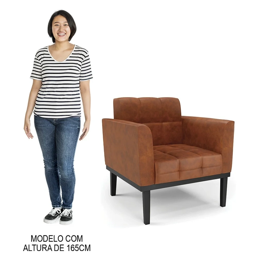 Poltrona Base Madeira Preto Kit 2 Ana Sintético PU Nozes - Ibiza