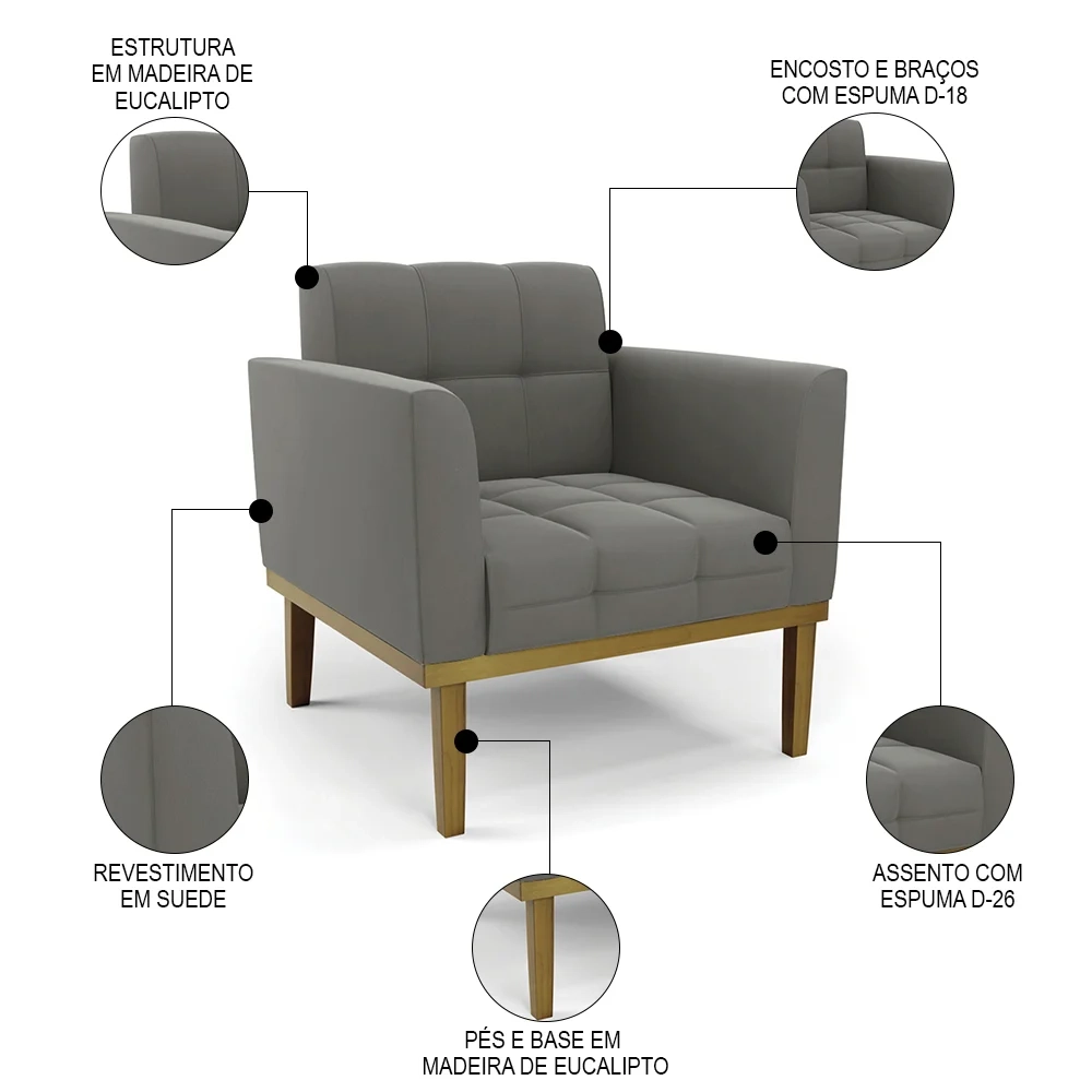 Poltrona Decorativa Base Madeira Castanho Ana Suede Grafite - Ibiza