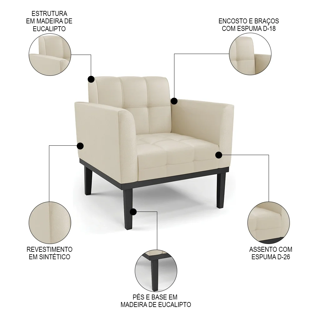 Poltrona Decorativa Base Madeira Preto Ana Sintético Bege - Ibiza