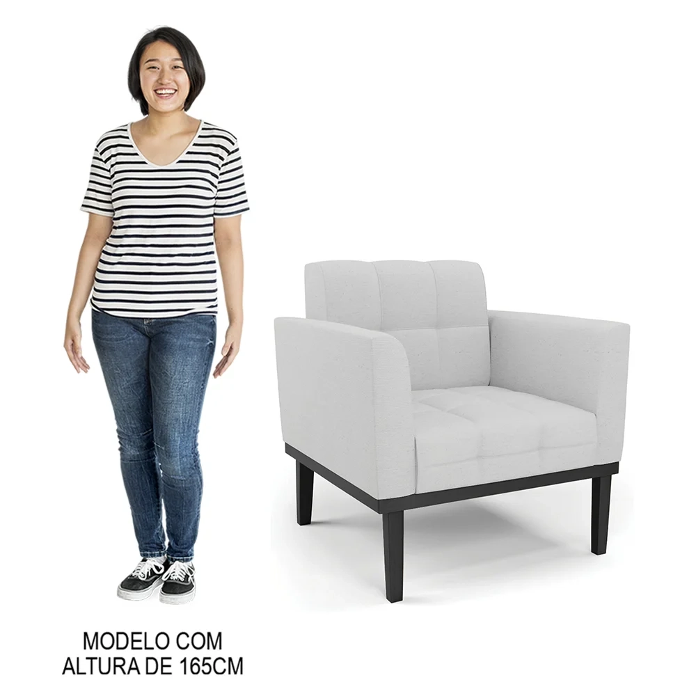 Poltrona Decorativa Base Madeira Preto Ana Linho Cinza - Ibiza